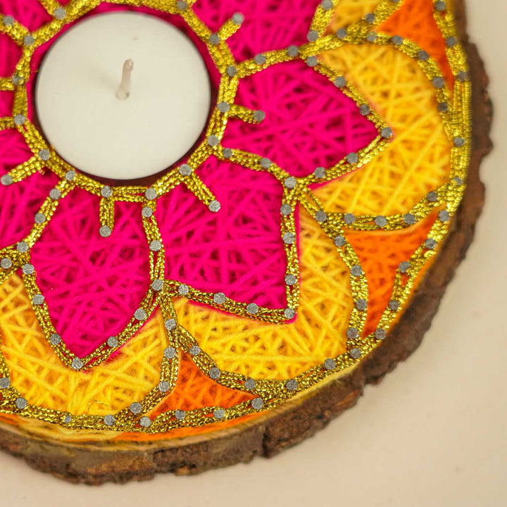 Handmade String Art Pink And Yellow Flower Design Mdf Wood Tealight Holder