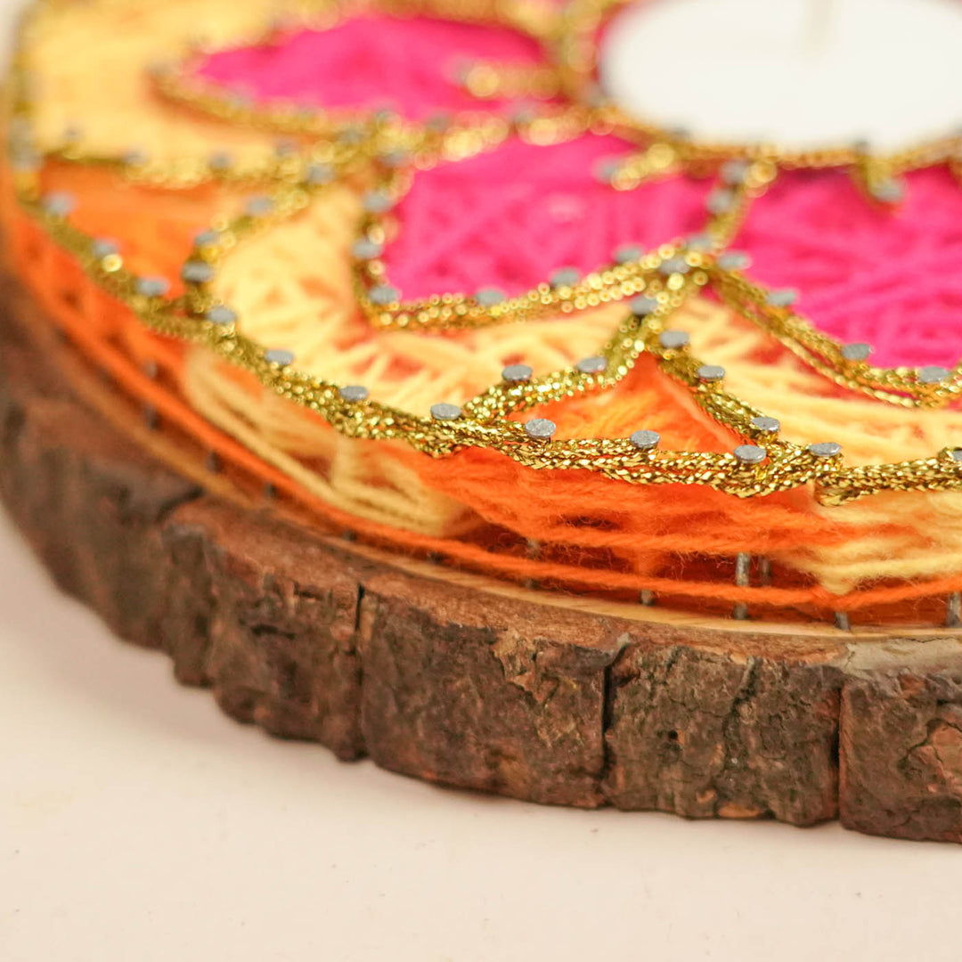 Handmade String Art Pink And Yellow Flower Design Mdf Wood Tealight Holder