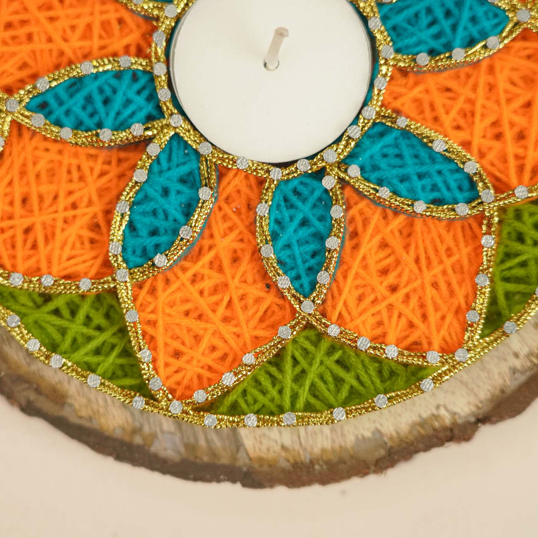 Handmade String Art Orange And Green Flower Design Mdf Wood Tealight Holder
