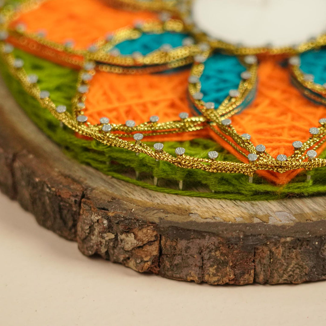 Handmade String Art Orange And Green Flower Design Mdf Wood Tealight Holder