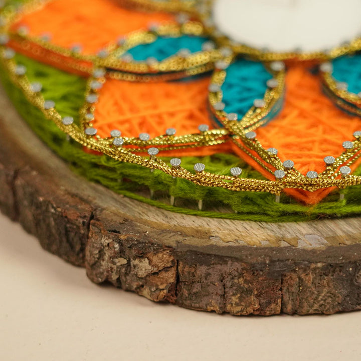 Handmade String Art Orange And Green Flower Design Mdf Wood Tealight Holder