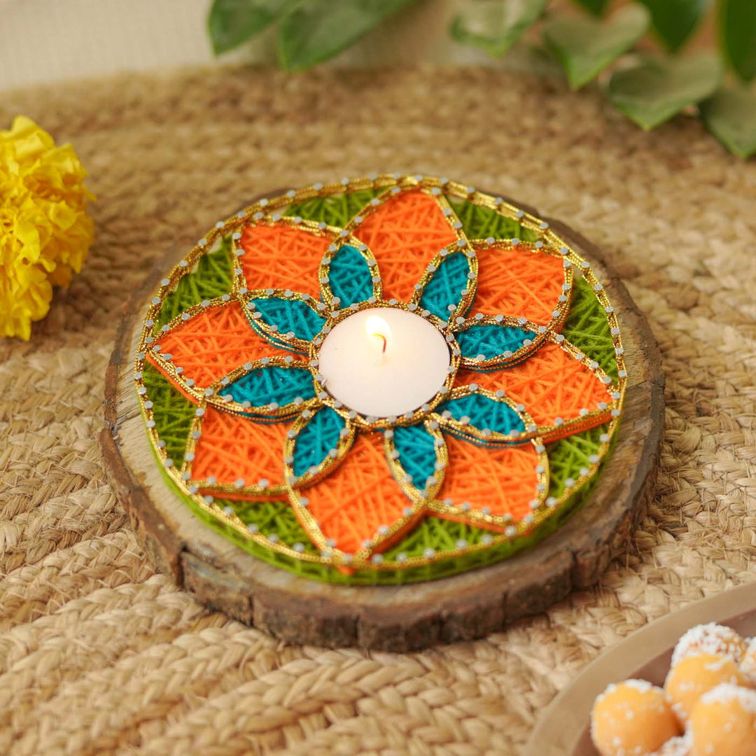 Handmade String Art Orange And Green Flower Design Mdf Wood Tealight Holder