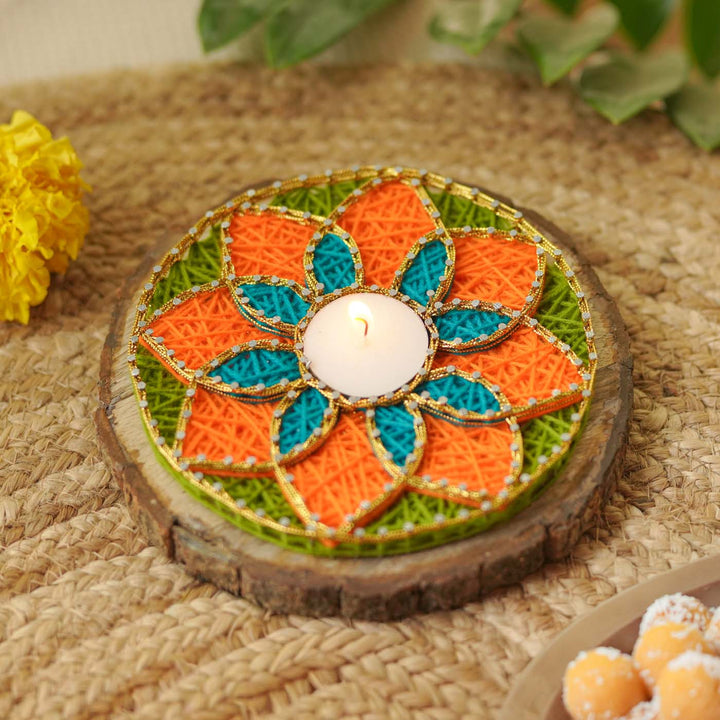 Handmade String Art Orange And Green Flower Design Mdf Wood Tealight Holder