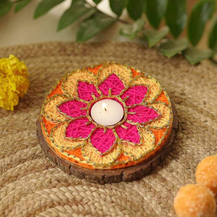 Handmade String Art Pink And Yellow Flower Design Mdf Wood Tealight Holder