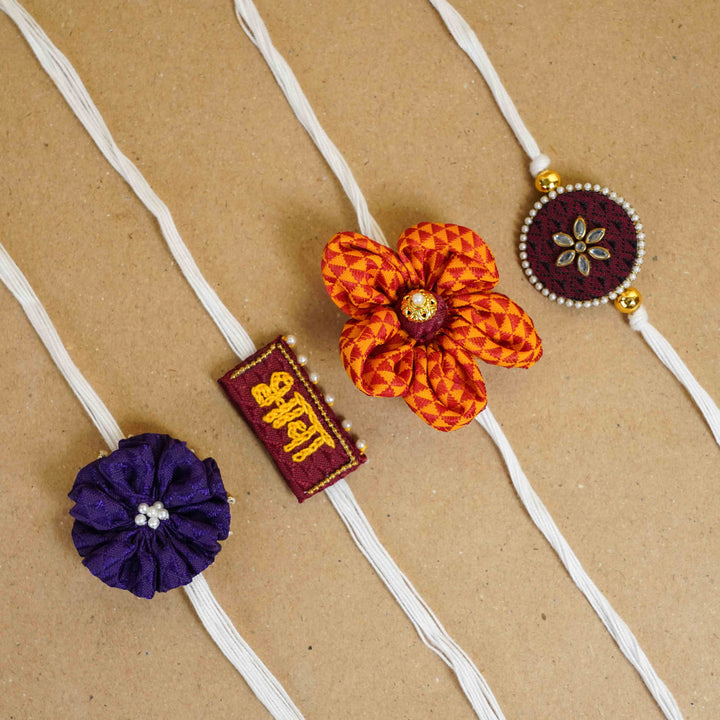 Handmade Bhava Fabric And Mdf Rakhi With Roli Chawal - Set of Four Designs