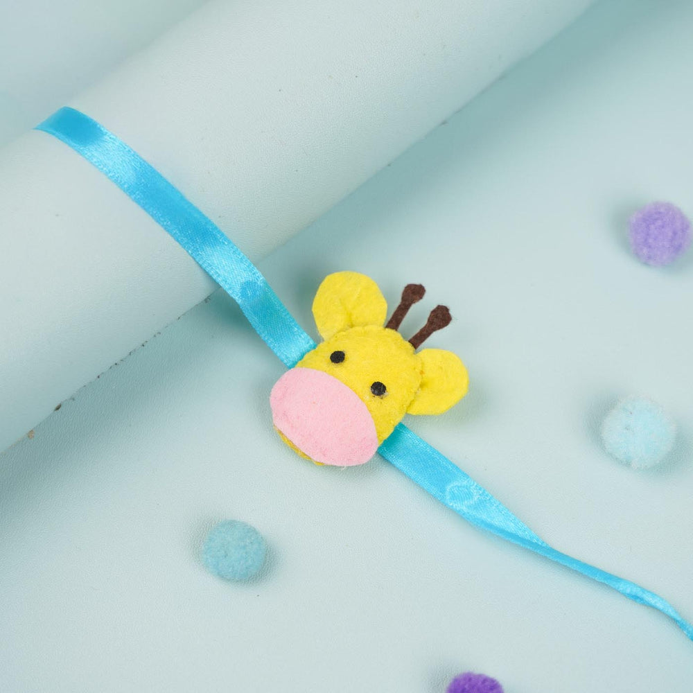 Handmade Giraffe Theme Felt Kids Rakhi - Wrapped Around White Cylinder Display