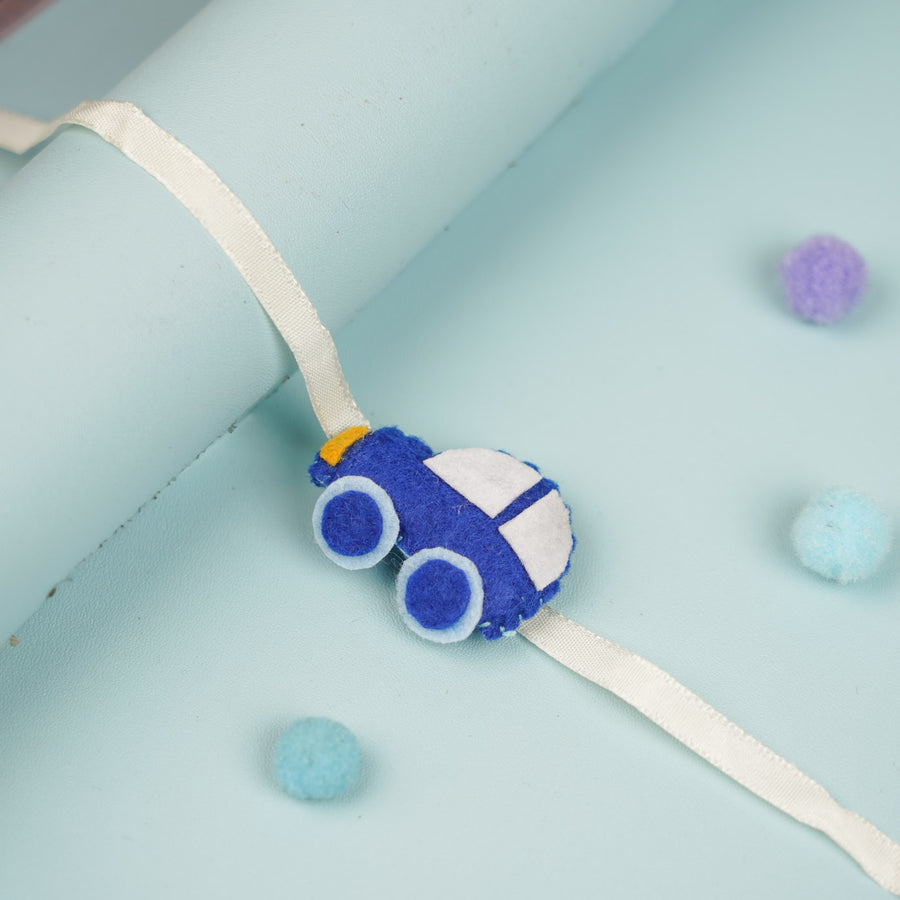 Handmade Blue Car Theme Felt Kids Rakhi - Close-up on Car Detail