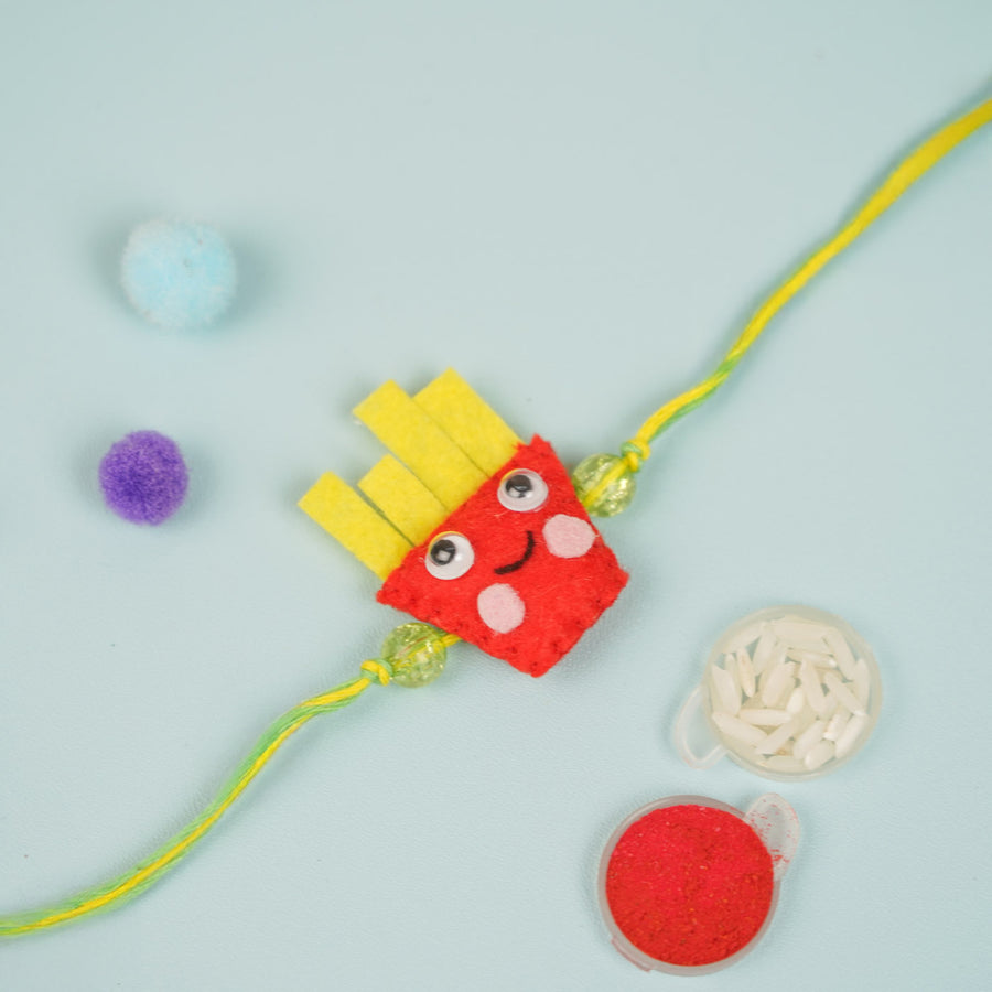 Handmade French Fries Theme Felt Kids Rakhi - Close-up of Rakhi with decorations