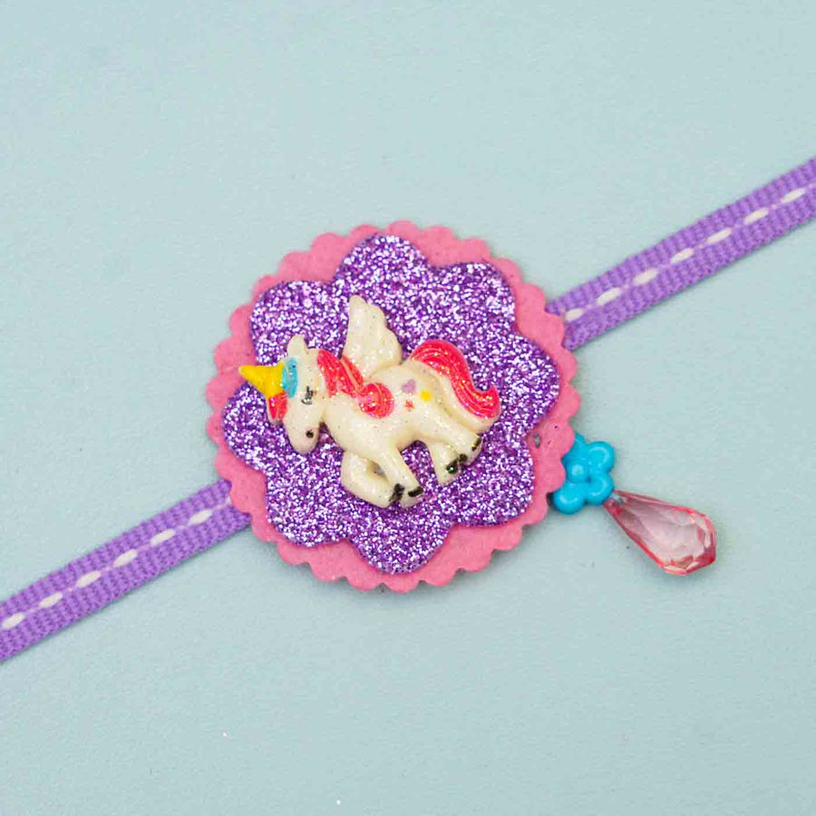 Handmade Unicorn Theme Felt Kids Rakhi With Roli Chawal For Sisters - Close-up Detail View