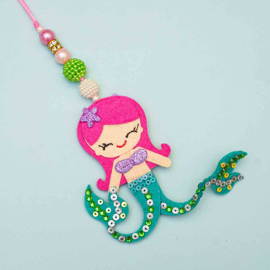 Handmade Mermaid Theme Felt Kids Lumba Rakhi With Roli Chawal For Sisters - Front View