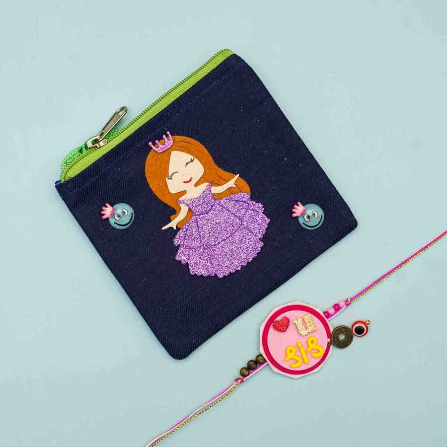 Personalized Handmade Princess Theme Felt Kids Rakhi And Sling Bag Combo For Sisters Set Of 2 - Front View of Pouch and Rakhi