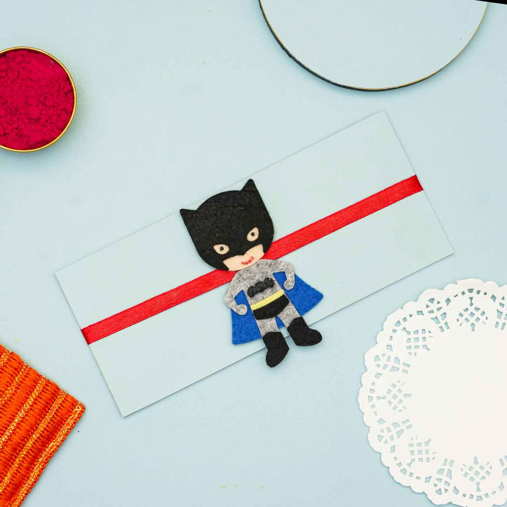 Personalized Handmade Batman Theme Felt Kids Rakhi And Photo Frame Combo For Brother Set Of 2 - Rakhi on Envelope Display