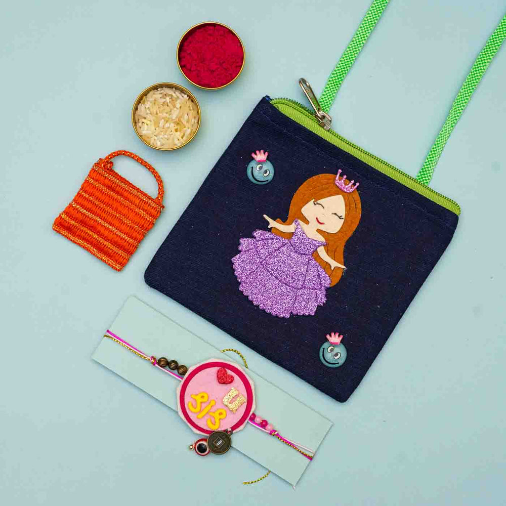 Personalized Handmade Princess Theme Felt Kids Rakhi And Sling Bag Combo For Sisters Set Of 2 - Flat Lay with Pouch and Rakhi Accessories