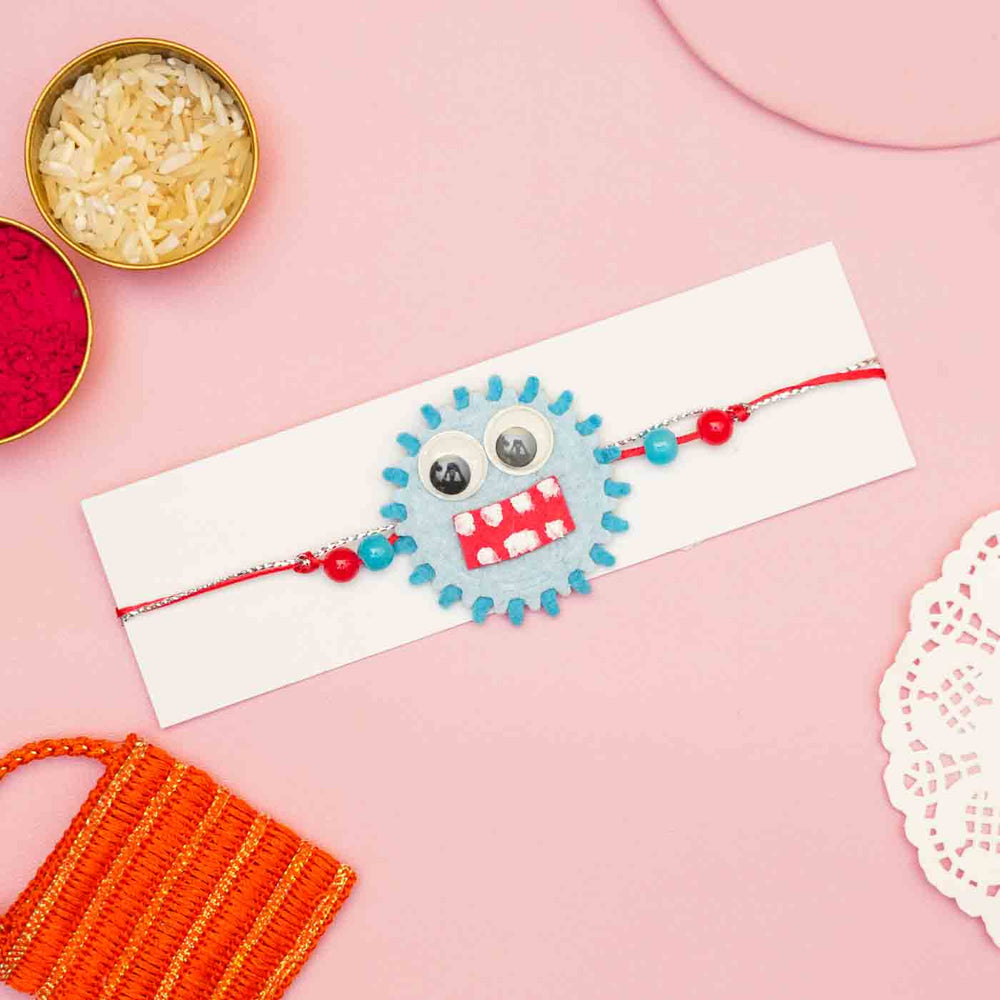 Handmade Monster Theme Felt Kids Rakhi With Roli Chawal - Blue Monster Rakhi on Card