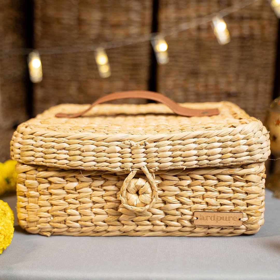 Handmade Water Reed Storage Box with Leather Handle