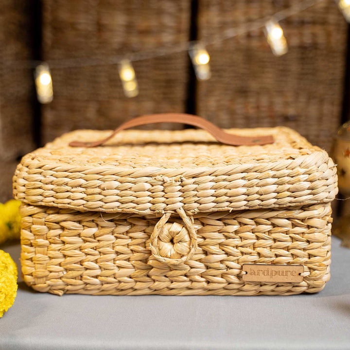 Handmade Water Reed Storage Box with Leather Handle