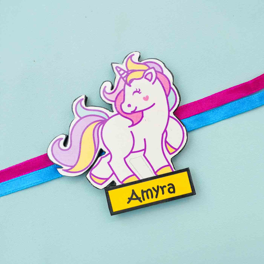 Personalized Reusable X Large Unicorn Mdf Wood Rakhi With Chocolates And Roli Chawal - Name Personalization Example