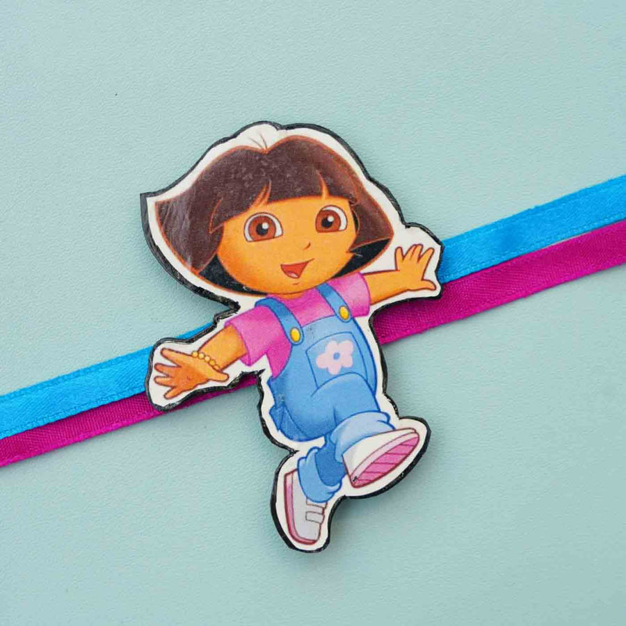Personalized Reusable X Large Dora The Explorer Mdf Wood Rakhi With Chocolates And Roli Chawal - Single Character Ribbon Detail