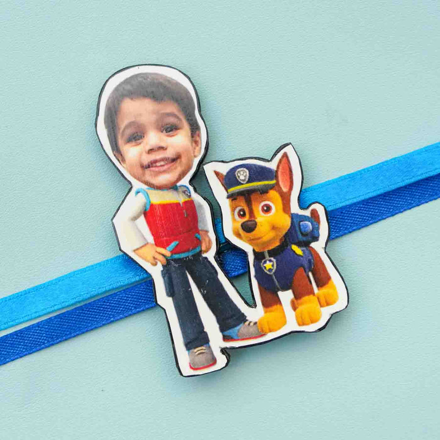 Photo Personalized Reusable X Large Paw Petrol Mdf Wood Rakhi With Chocolates And Roli Chawal - Close-up of personalized magnet