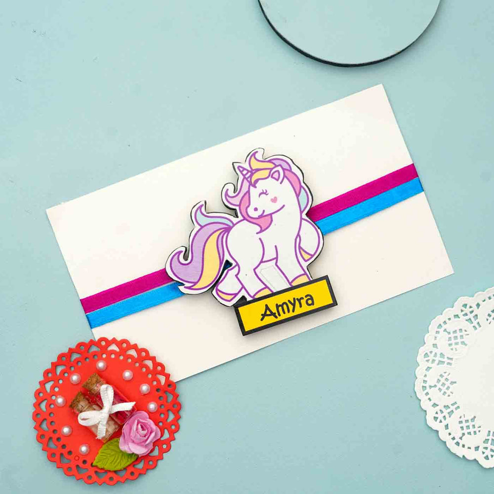 Personalized Reusable X Large Unicorn Mdf Wood Rakhi With Chocolates And Roli Chawal - Packaging Display with Ribbon