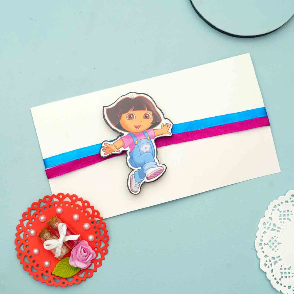 Personalized Reusable X Large Dora The Explorer Mdf Wood Rakhi With Chocolates And Roli Chawal - Gift Envelope Decoration Example