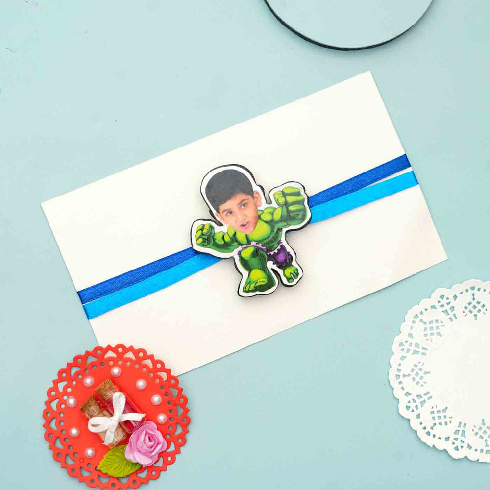 Photo Personalized Reusable X Large Hulk Mdf Wood Rakhi With Chocolates And Roli Chawal - Character on Ribbon with Envelope