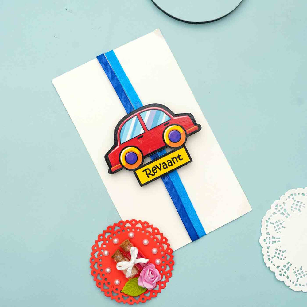 Personalized Reusable X Large Red Car Mdf Wood Rakhi With Chocolates And Roli Chawal - Gift Envelope Decoration Example