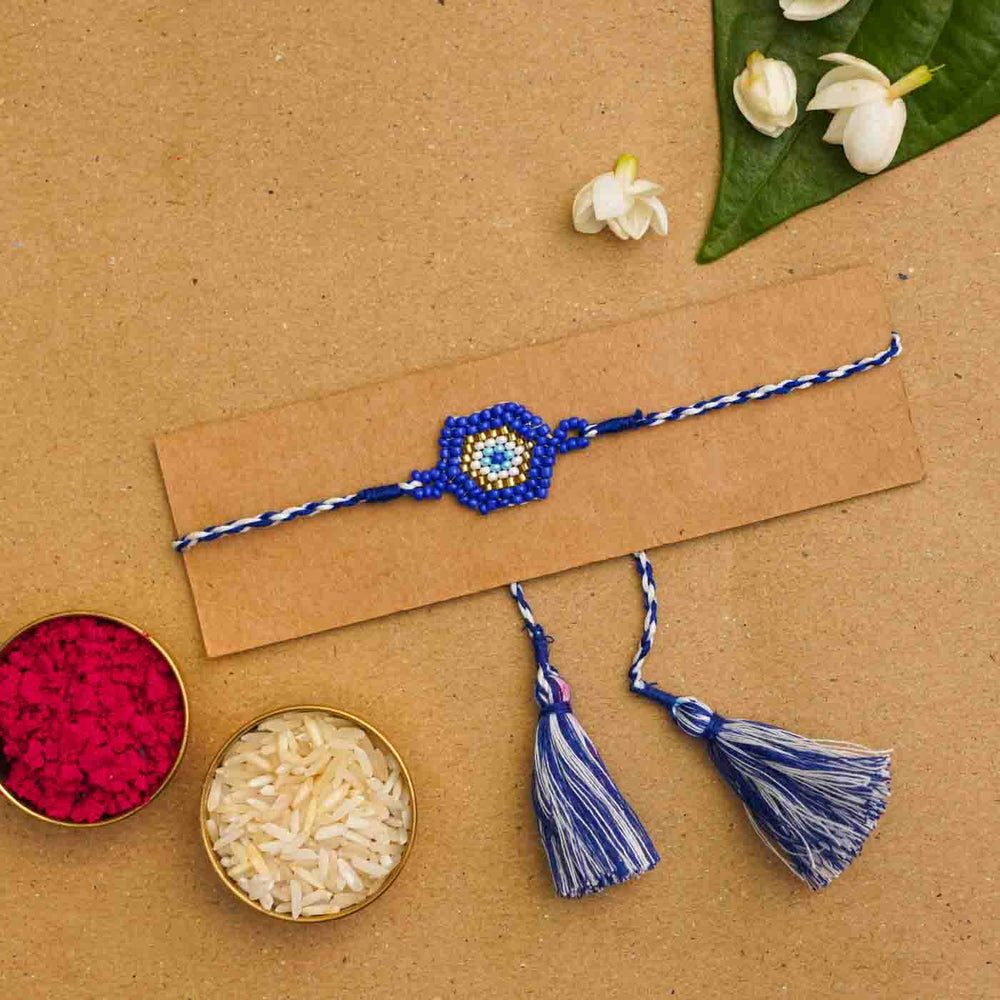 Handmade Beaded Protector Rakhi With Roli Chawal - Bracelet on Card with Accessories