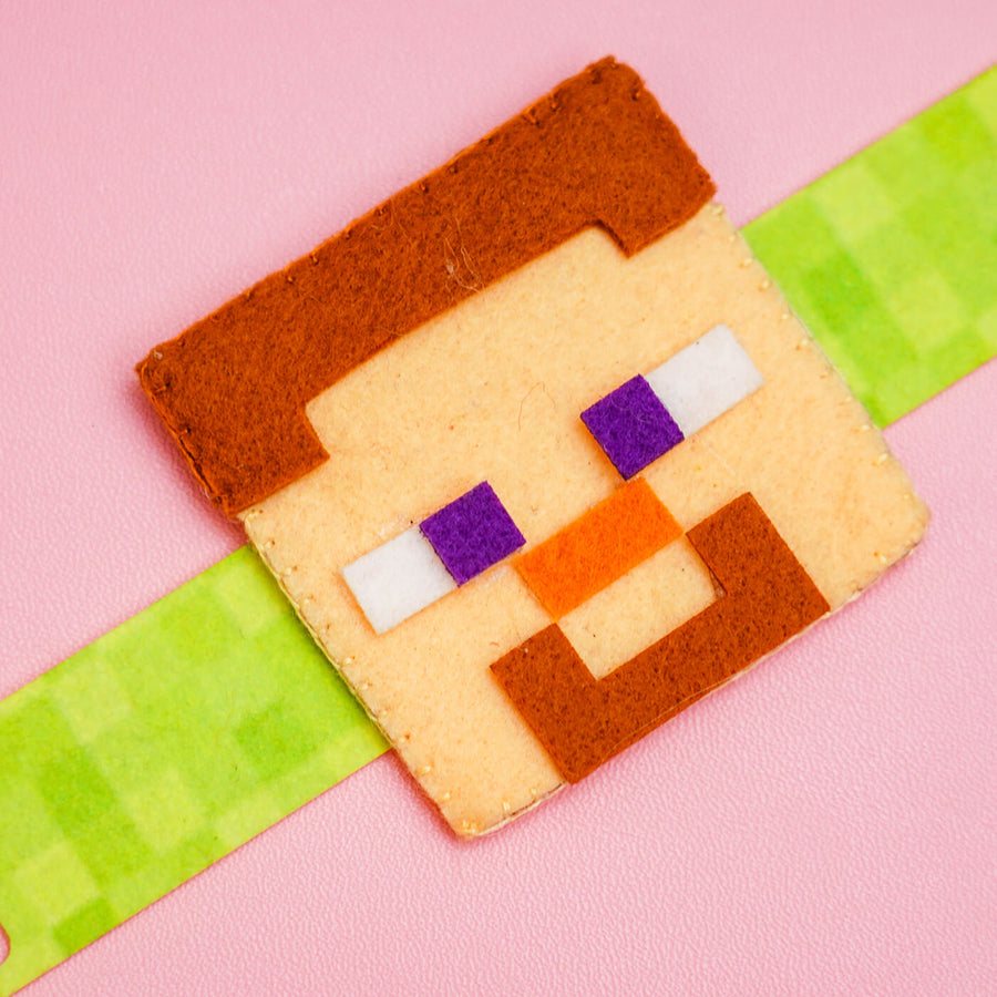 Handcrafted Minecraft Felt Rakhi For Kids With Roli Chawal - Close-up of Character Face