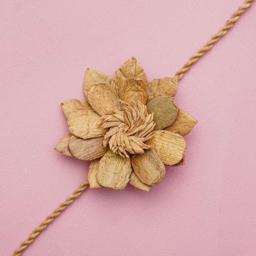 Handmade Ecofriendly Water Hyacinth Floral Rakhi With Roli Chawal - Close-up of Flower Design Bracelet