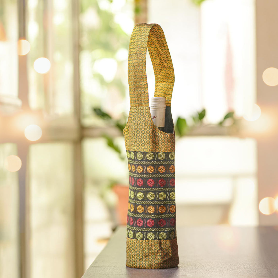 Handmade Gold And Multicolor Floral Khunn Fabric Cotton Bottle Holder