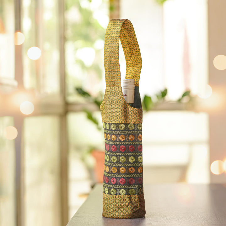 Handmade Gold And Multicolor Floral Khunn Fabric Cotton Bottle Holder