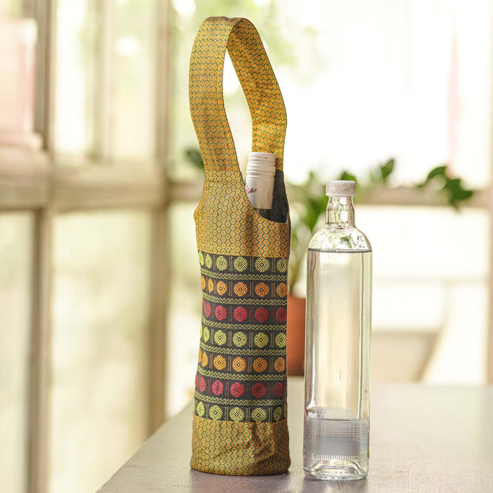 Handmade Gold And Multicolor Floral Khunn Fabric Cotton Bottle Holder