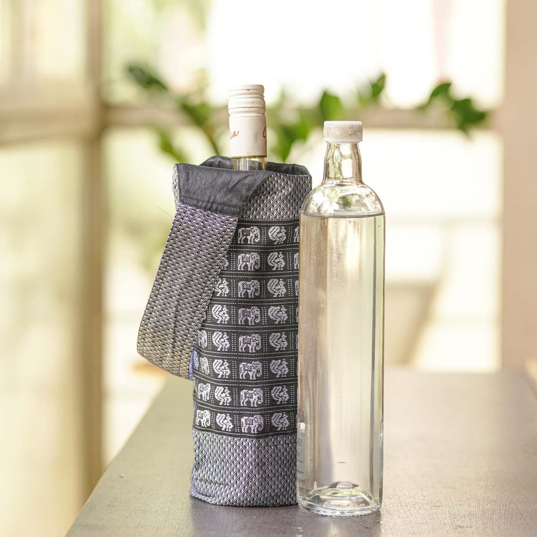 Handmade Grey Elephant & Peacock Motif Khunn Fabric Cotton Bottle Holder