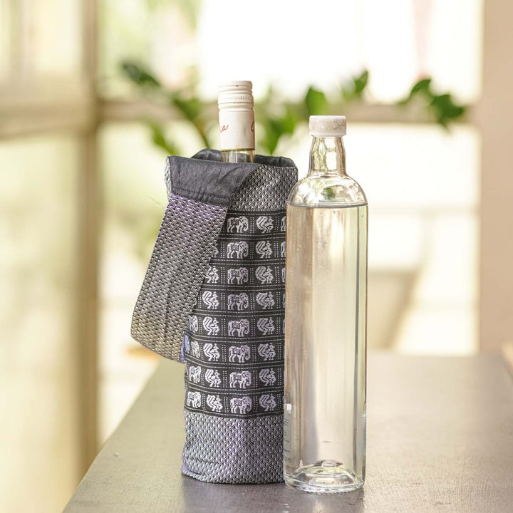 Handmade Grey Elephant & Peacock Motif Khunn Fabric Cotton Bottle Holder