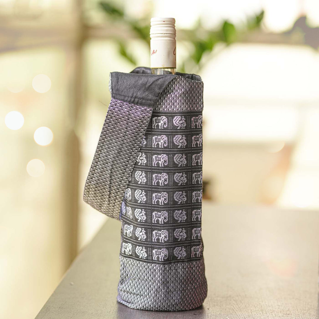 Handmade Grey Elephant & Peacock Motif Khunn Fabric Cotton Bottle Holder