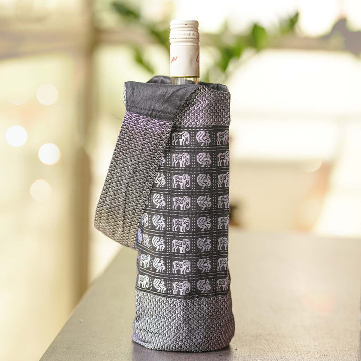 Handmade Grey Elephant & Peacock Motif Khunn Fabric Cotton Bottle Holder