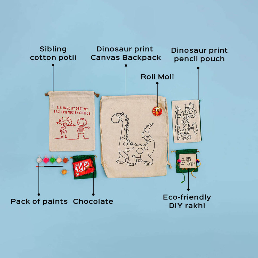 Eco Friendly Fabric Painting Diy Rakhi Hamper With Rice Roli 2 - Flat Lay with Labels