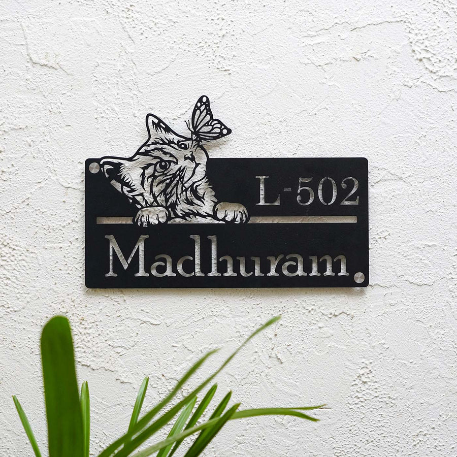 Personalized Weatherproof Artistic Cat Theme Metal Name Plate - Mounted on Wall Front View