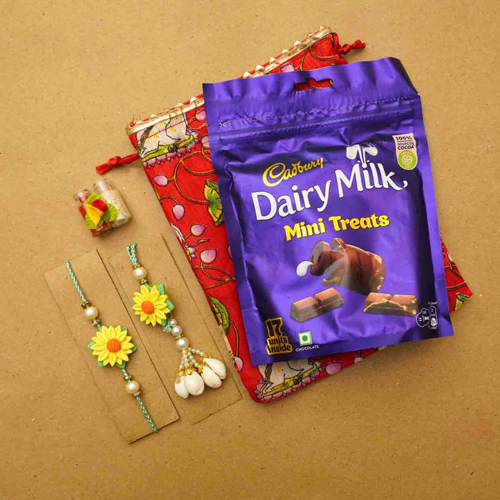 Handmade Yellow Flower Clay Bhaiya Bhabhi Rakhi With Chocolates And Roli Chawal Set Of 2 - Rakhis with chocolate gift