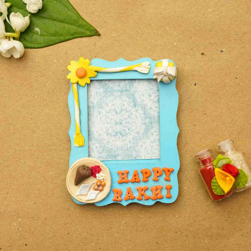 Handmademdf And Clay Photo Magnet Rakhi Gift For Brothers - Front View with Props