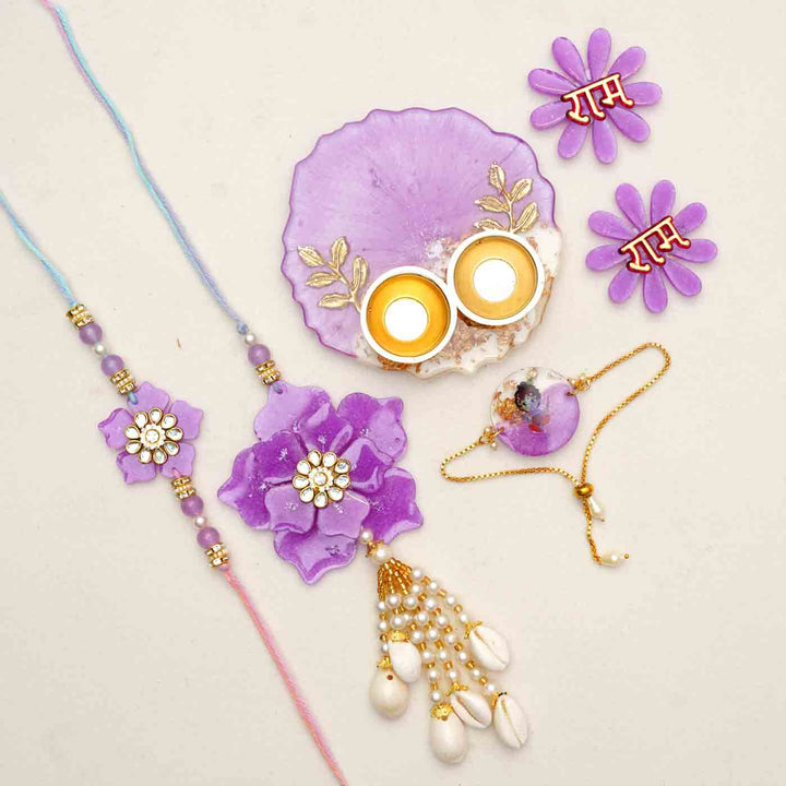 Handmade Purple Floral Theme Resin Rakhi Hamper With Chocolates And Roli Chawal For Bhaiya Bhabhi And Kids Set Of 6 - Flat Lay Showing Full Set