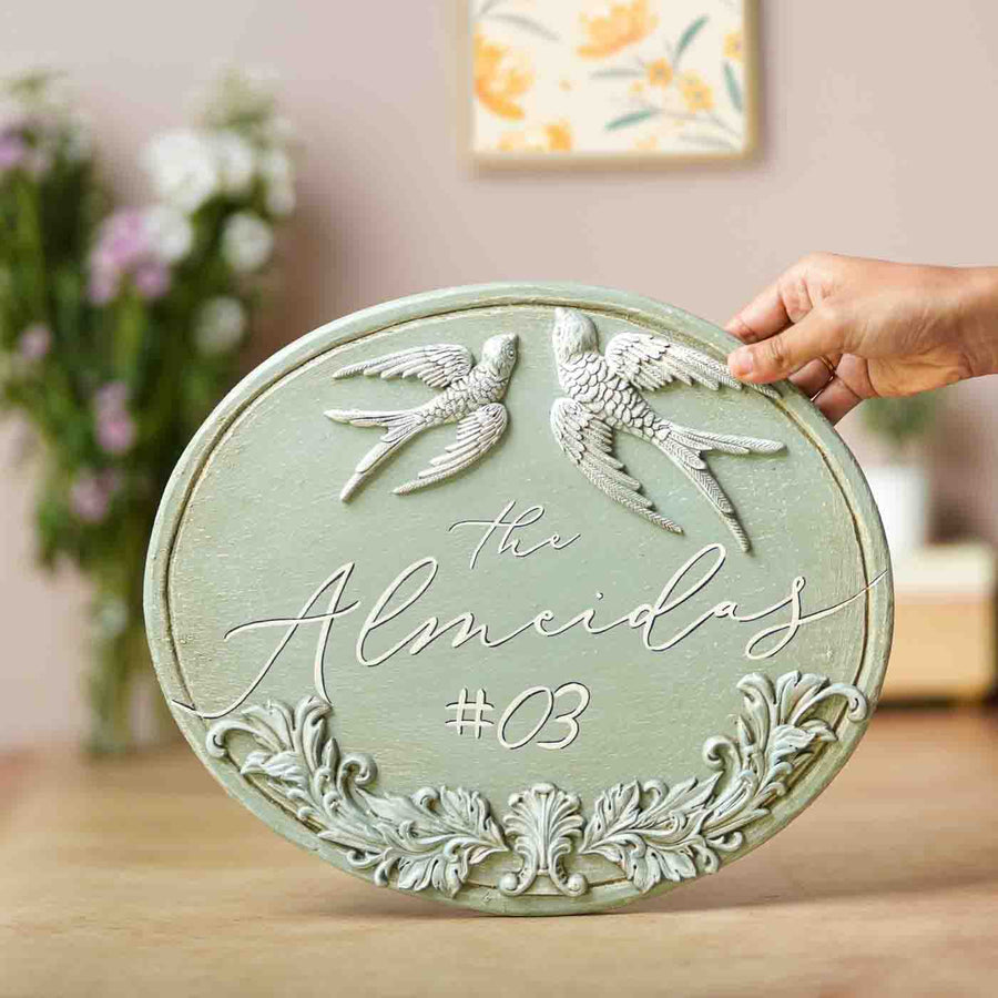 Handpainted Baroque Wood Resin Personalized Name Plate 2 - Held Close-up Showing Front Design