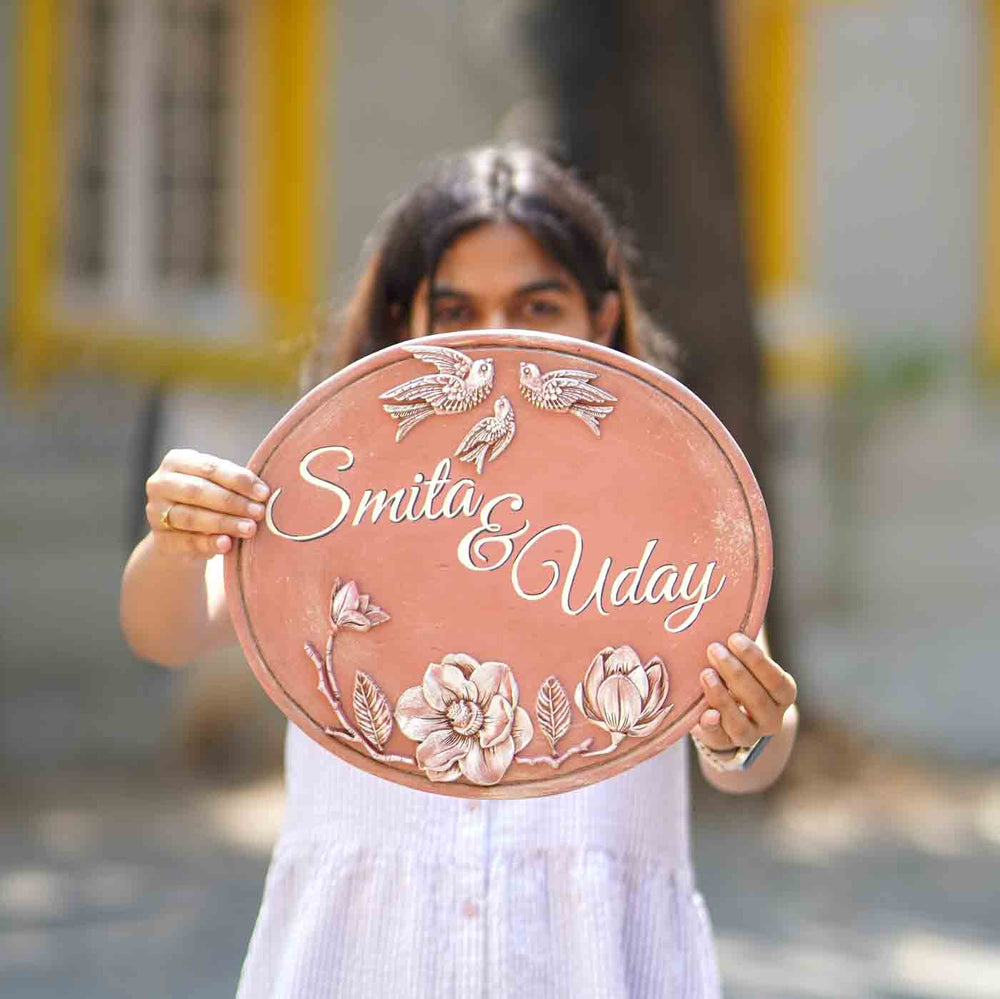 Handpainted Baroque Wood Resin Personalized Name Plate 1 - Front View Held by Person