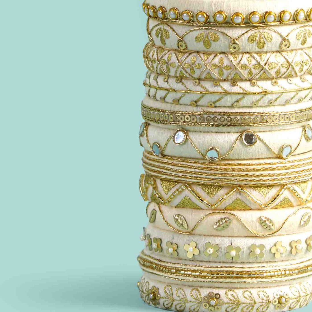White Handcrafted Yahvi Embroidered Bangles | Set of 12