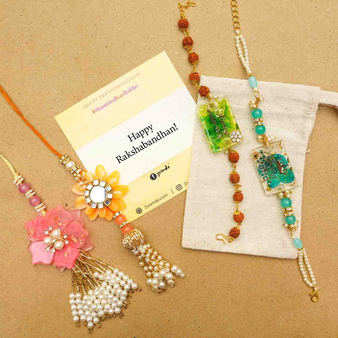 Handmade Yellow Flower Theme Resin Bhaiya Bhabhi Rakhi With Chocolates And Roli Chawal For Bhaiya And Bhabhi Set Of 2 - Rakhi Set with Greeting Card