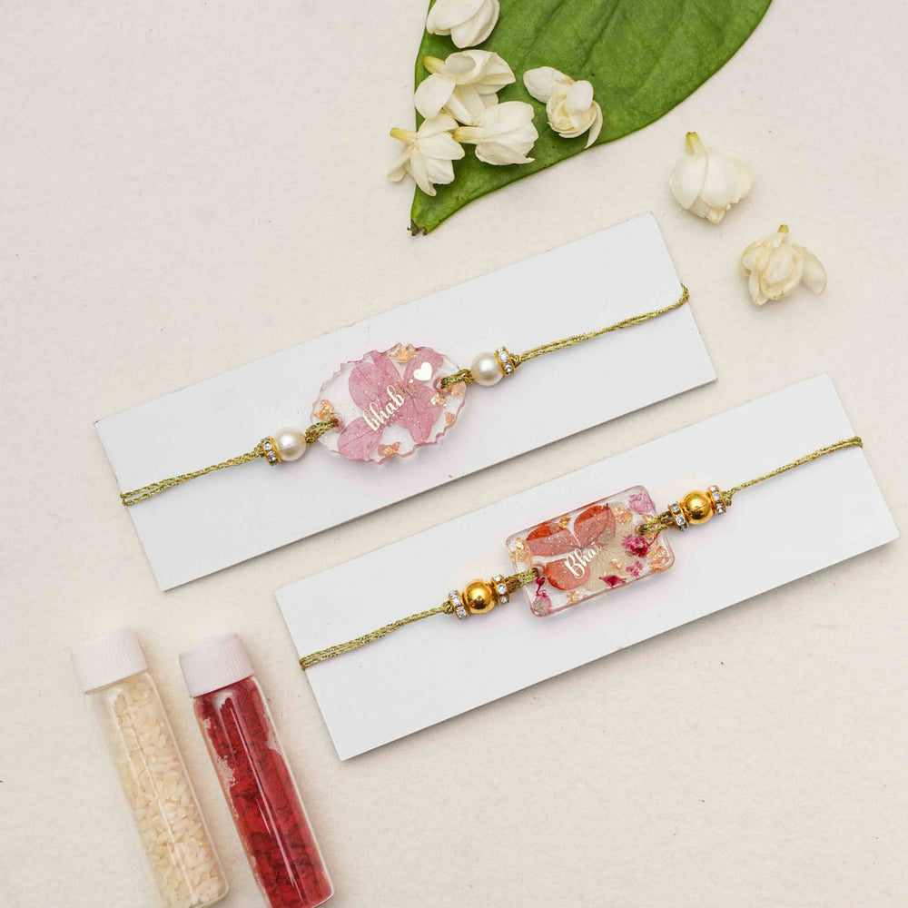 Handmade Resin Pink Bhaiya Bhabhi Rakhi With Roli Chawal - Bracelets on display cards