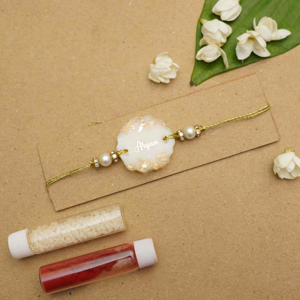 Personalized Handmade Resin Golden Foil Rakhi With Roli Chawal - Rakhi with Accessories Display
