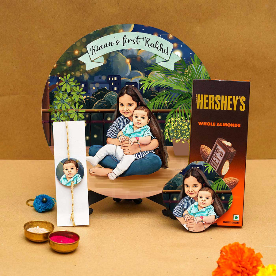 Photo Customized Rakhi Hamper With Caricature Nameplate 2 - Multi-item Set Display