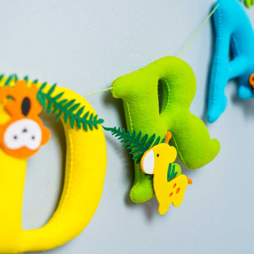 Handcrafted Personalized Animal Theme Felt Bunting 1 - Close-up of Hanging Letter Garland